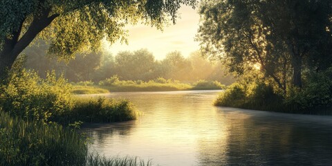 Obraz premium Serene summer river landscape captured during a warm sunny evening, showcasing the beauty of nature in this picturesque summer river landscape scene. Perfect for nature enthusiasts and relaxation