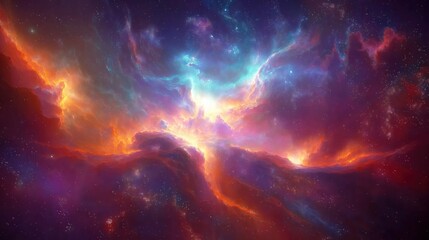 Colorful nebula in space with vibrant hues of red, orange, purple, and blue background