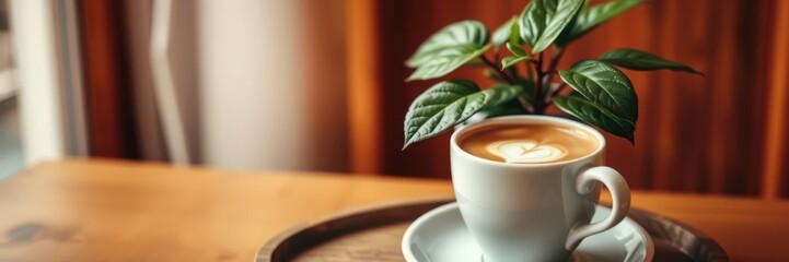Warm cup of coffee with heart-shaped latte art sitting on a wooden tray alongside a lush green plant in a cozy, well-lit café atmosphere