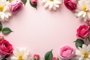 Fototapeta premium Illustration of a love-themed flatlay background featuring hearts, roses, and romantic elements arranged elegantly. .