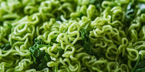 Close up of green vegetable instant noodles made with spinach, showcasing the vibrant color and unique texture of these nutritious green vegetable instant noodles perfect for a quick meal.