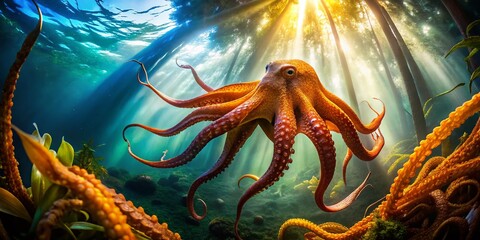 Panoramic Underwater Scene: Vibrant Orange Octopus in Lush Seaweed