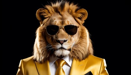 Cool Looking Lion In Fashionable Clothes On. Сoncept City Streets, Abstract Art Exhibition, Contemporary Dance Performance, Summer Beach Party
