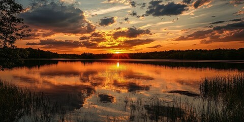 Golden sunset captured in a sizable mirror, showcasing the vibrant hues and serene beauty of the end of the day reflected back beautifully.