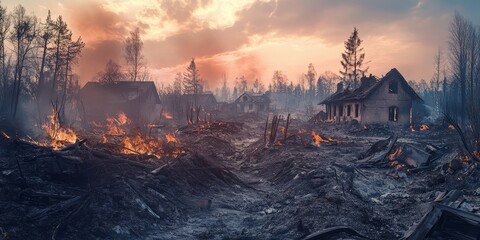 A devastated village showcases the aftermath of severe forest fires, illustrating the destructive impact of fire on communities and nature, highlighting the consequences of forest fires.