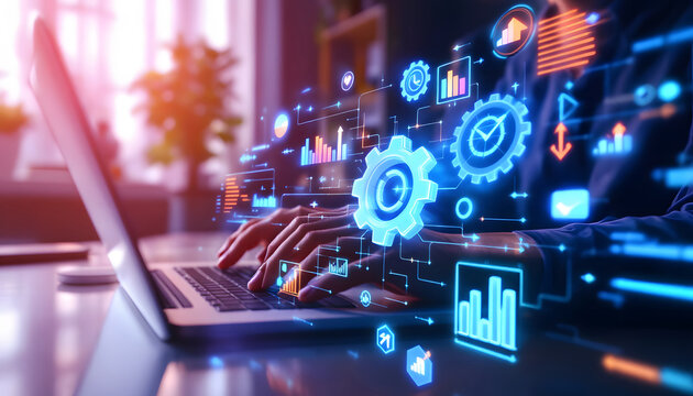 Business Process Automation on Laptop, Software Development and Workflow Visualization, Laptop with Process and Data Flow Graphics