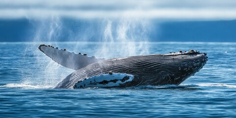 Fototapeta premium Defocused humpback whale displaying its fin and creating splashes while being observed from a boat during an exciting tour featuring humpback whale encounters.