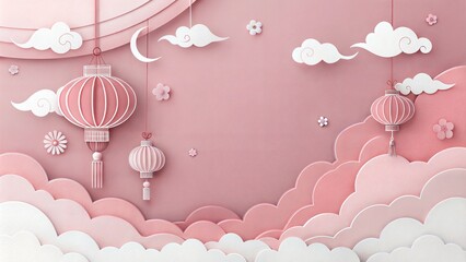 whimsical festive scene paper cut lanterns clouds flower spring Chinese New Year elements soft pink background celebration