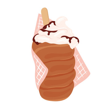 Vector illustration of trdelnik isolated. Traditional spit cake in local market. Hand drawn trdlo with whipped cream. National Czech dessert. European street food. Chimney cake or kurtoskalacs