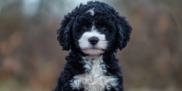 Playful black and white BichPoo puppy exuding charm and cuteness, showcasing the delightful characteristics of the BichPoo breed, perfect for capturing the hearts of pet lovers.