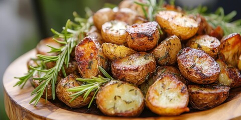 Golden brown roasted potatoes adorned with fresh rosemary are beautifully arranged on a wooden platter.