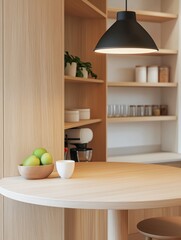 Minimalist Kitchen Design: Light Wood Table and Open Shelving