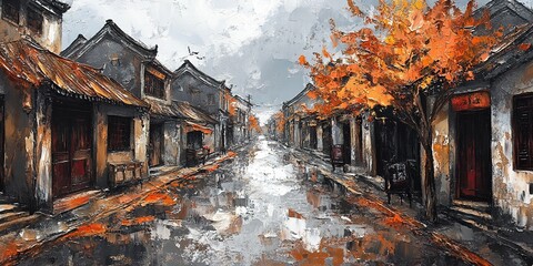 Enchanting Oil Painting of Ancient Chinese Water Town in Winter: AI-Generated Illustration for Creative Marketing. Atmospheric Jiangnan Scenery with Snowy Rooftops and Misty Canals. Artistic Wallpaper