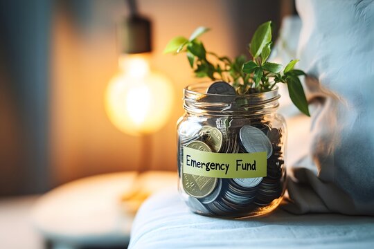 A glass jar with emergency fund label.