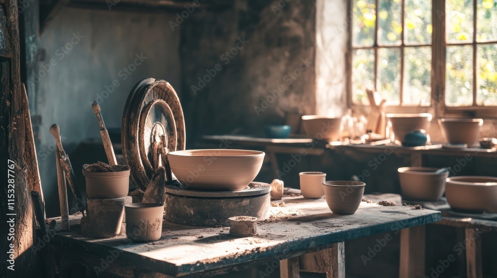 Poster a serene pottery wheel setup in a rustic barn, pottery tools and clay neatly arranged around a potte
