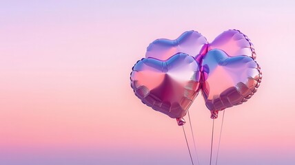 Fototapeta premium Futuristic holographic heart balloons floating in a romantic pink and purple sci-fi sky