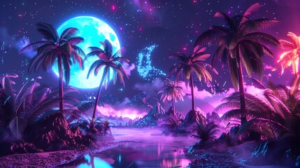 A  retro-futuristic tropical island scene with neon lighting and a large blue moon in the night sky.