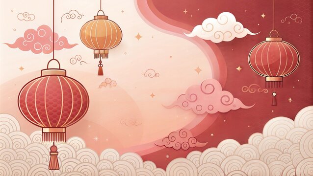 hinese New Year lanterns clouds flowers red theme prosperity celebration festive traditional Chinese culture greeting card background