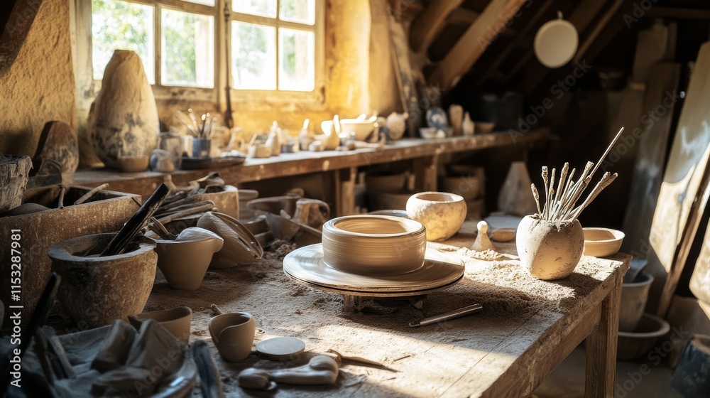Poster a serene pottery wheel setup in a rustic barn, pottery tools and clay neatly arranged around a potte