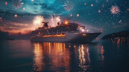 Fototapeta premium A cruise ship, elegantly illuminated, sailing through calm night waters under a starry sky. an explosion of colorful fireworks in the sky, reflecting on the water's surface.