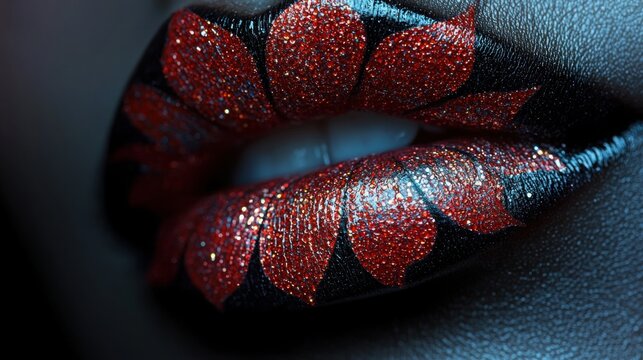 A close-up of glossy lips adorned with intricate floral designs, showcasing vibrant red patterns against a dark background. A striking artistic expression.