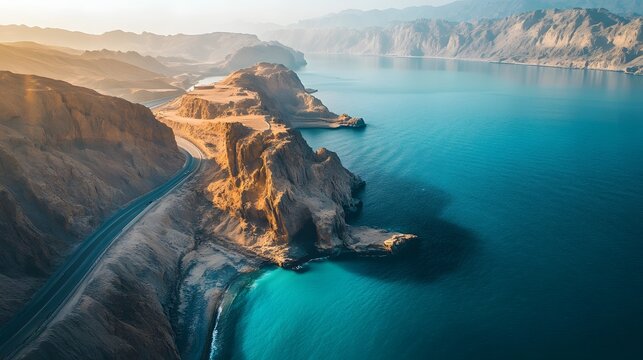 Aerial view of Pe Makran Coastal Highway winding Prough dramatic cliffs and turquoise waters, glowing under golden sunlight, in 4K resolution