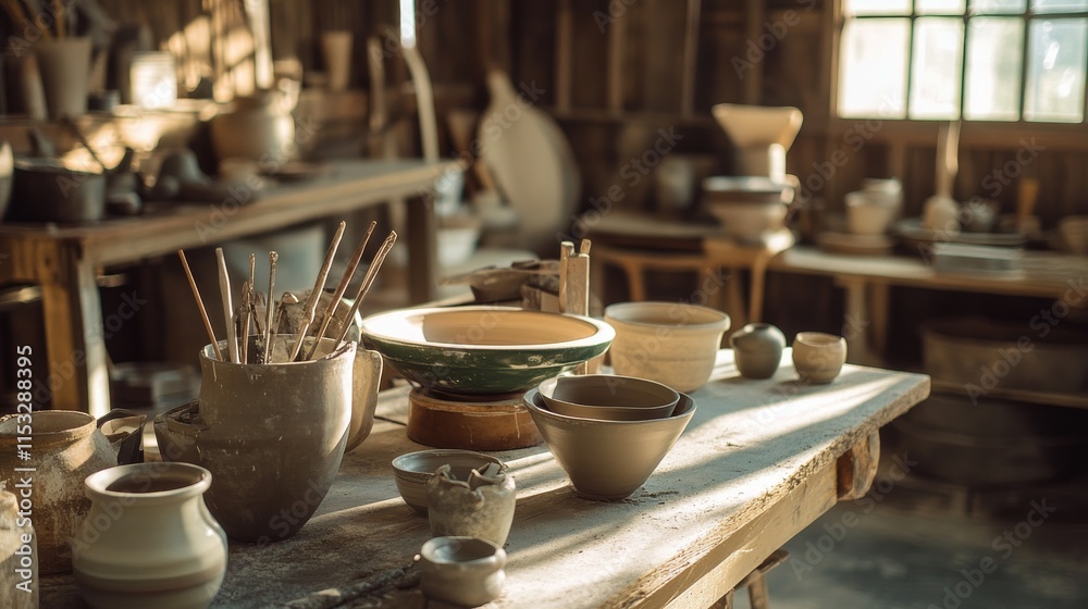 Poster a serene pottery wheel setup in a rustic barn, pottery tools and clay neatly arranged around a potte