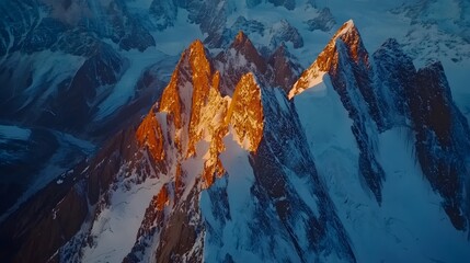Aerial view of Pe Trango Towers in Pe Karakoram Range glowing under Pe golden hour light, in 4K resolution