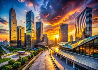 Fototapeta premium Panoramic View of Enigmatic Modern Architecture in Vibrant Cityscape