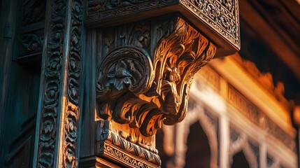 Close-up of Pe ornate wood carvings on a historic home in Swat Valley, glowing under soft light, in 4K resolution