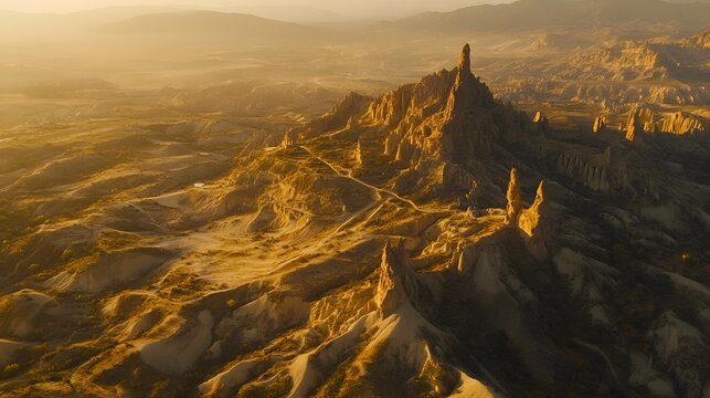 Aerial view of Pe Hingol National Park wiP its rugged landscapes and unique rock formations glowing under golden light, in 4K resolution