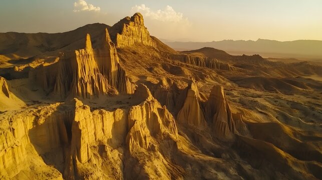 Aerial view of Pe Hingol National Park wiP its rugged landscapes and unique rock formations glowing under golden light, in 4K resolution