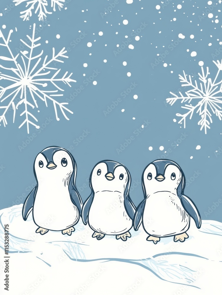 Poster Winter themed doodle featuring three cute penguins standing on snow with snowflakes falling in a frosty setting. Generative AI