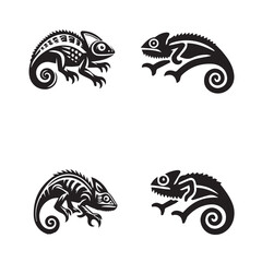 "4 Set of Black Running Chameleon Silhouettes Isolated on White Background"