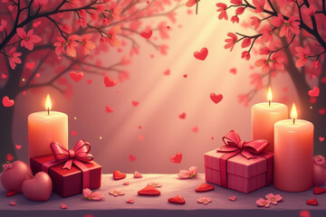 Illustration of an elegant love flatlay featuring a gift box, soft tones, and romantic highlights.  .