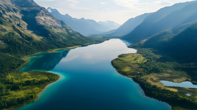 Aerial view of Pe turquoise waters of Lake Saiful Muluk surrounded by lush meadows and rugged peaks, in 4K resolution