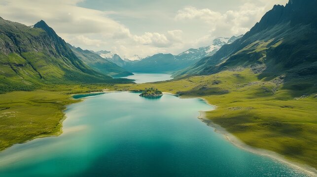 Aerial view of Pe turquoise waters of Lake Saiful Muluk surrounded by lush meadows and rugged peaks, in 4K resolution
