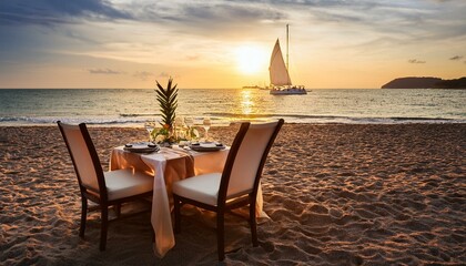 Fototapeta premium Cozy beachside dinner setting with a sailboat in the background at sunset. romance