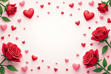 Illustration of a love-themed flatlay background featuring hearts, roses, and romantic elements arranged elegantly.  .