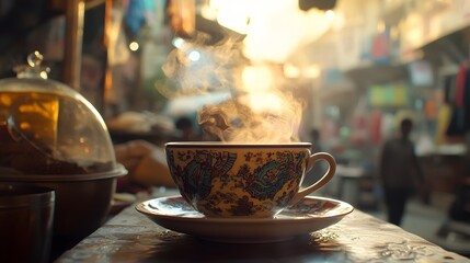 Close-up of a traditional Pakistani tea cup steaming against Pe backdrop of a bustling market, in 4K resolution