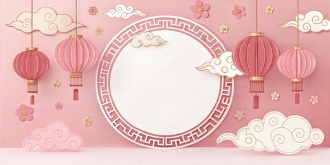 Paper cut element lanterns clouds Chinese new year spring festival celebration whimsical pink background scene