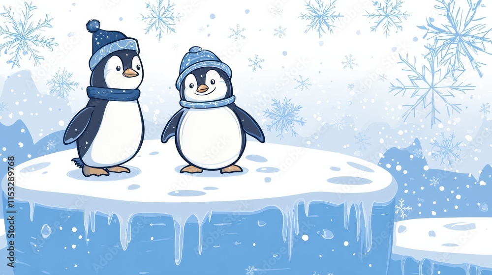 Aufkleber cozy penguins in winter hats enjoying a snowy day on an ice floe surrounded by falling snowflakes in