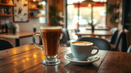 Cozy café scene featuring a cappuccino and a latte on a wooden table with a bright, inviting atmosphere filled with natural light and soft furnishings