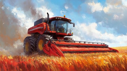 Obraz premium Red Combine Harvester Harvesting Wheat Field Under Sunny Sky