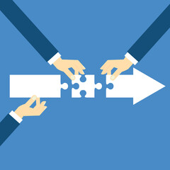 Teamwork working together to success, cooperation or team building collaborate to solve problem, partnership, help and support, business people colleagues help work together to connect jigsaw puzzle.