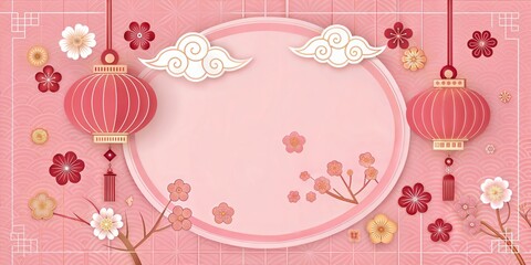 Paper cut element lanterns clouds Chinese new year spring festival celebration whimsical pink background scene