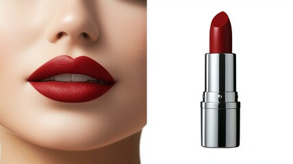 Obraz premium Photorealistic ad of luxurious red lipstick with a matte finish and sleek, metallic casing close-up 
