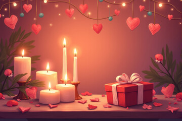 Illustration of a love-themed flatlay with candles, a Valentine’s gift, and a warm, romantic ambiance.  .