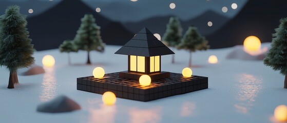 Fototapeta premium Illuminated Lantern House in Snowy Winter Landscape