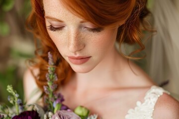 Naklejka premium Beautiful redhead bride with freckles holding purple bouquet and wearing white wedding dress, getting ready for wedding ceremony